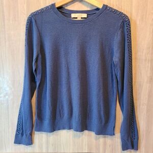 LOFT Blue Lace Sleeve Sweater Womens L Knit Pullover Textured Crew Neck Casual